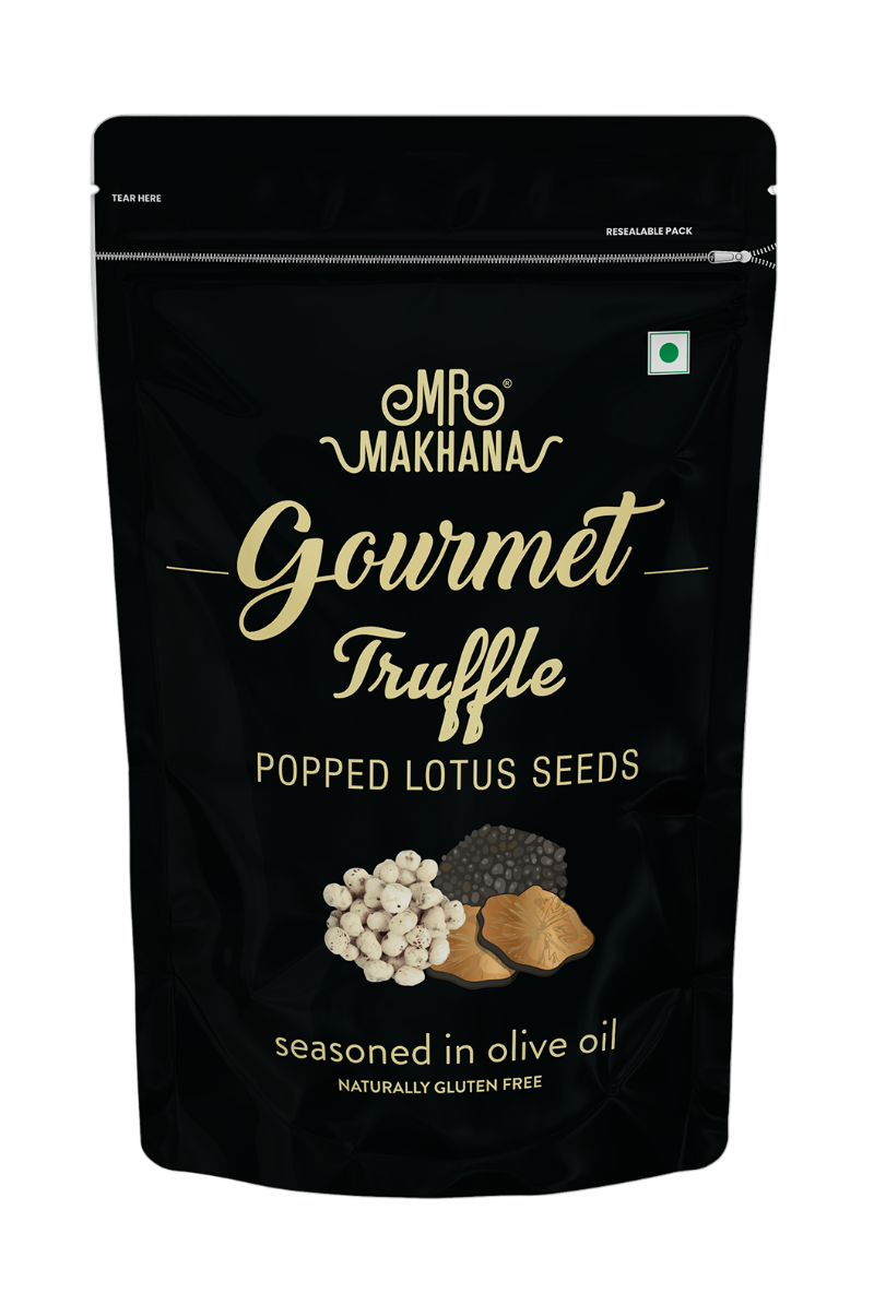 Black packaging of Mr. Makhana Gourmet Truffle Popped Lotus Seeds on a white background