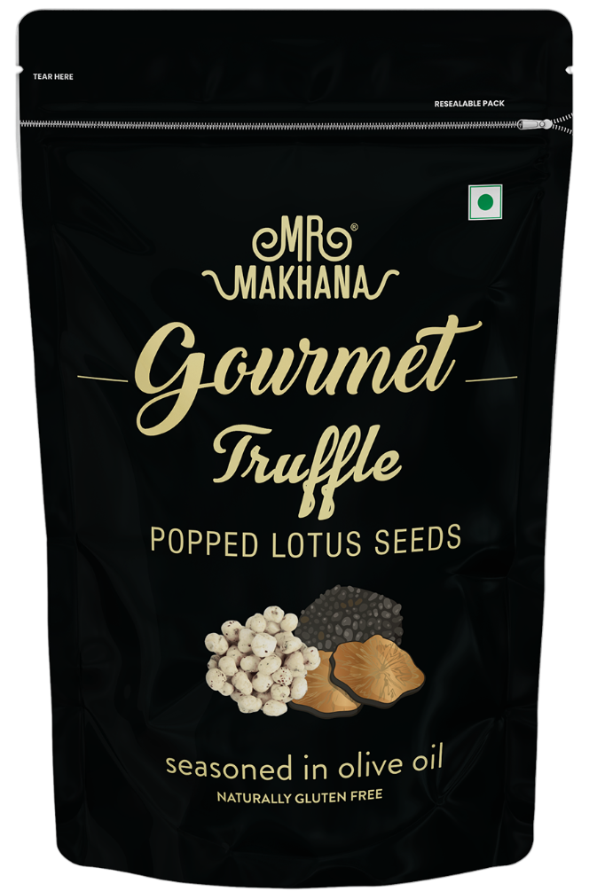 Black packaging of Mr. Makhana Gourmet Truffle Popped Lotus Seeds on a white background